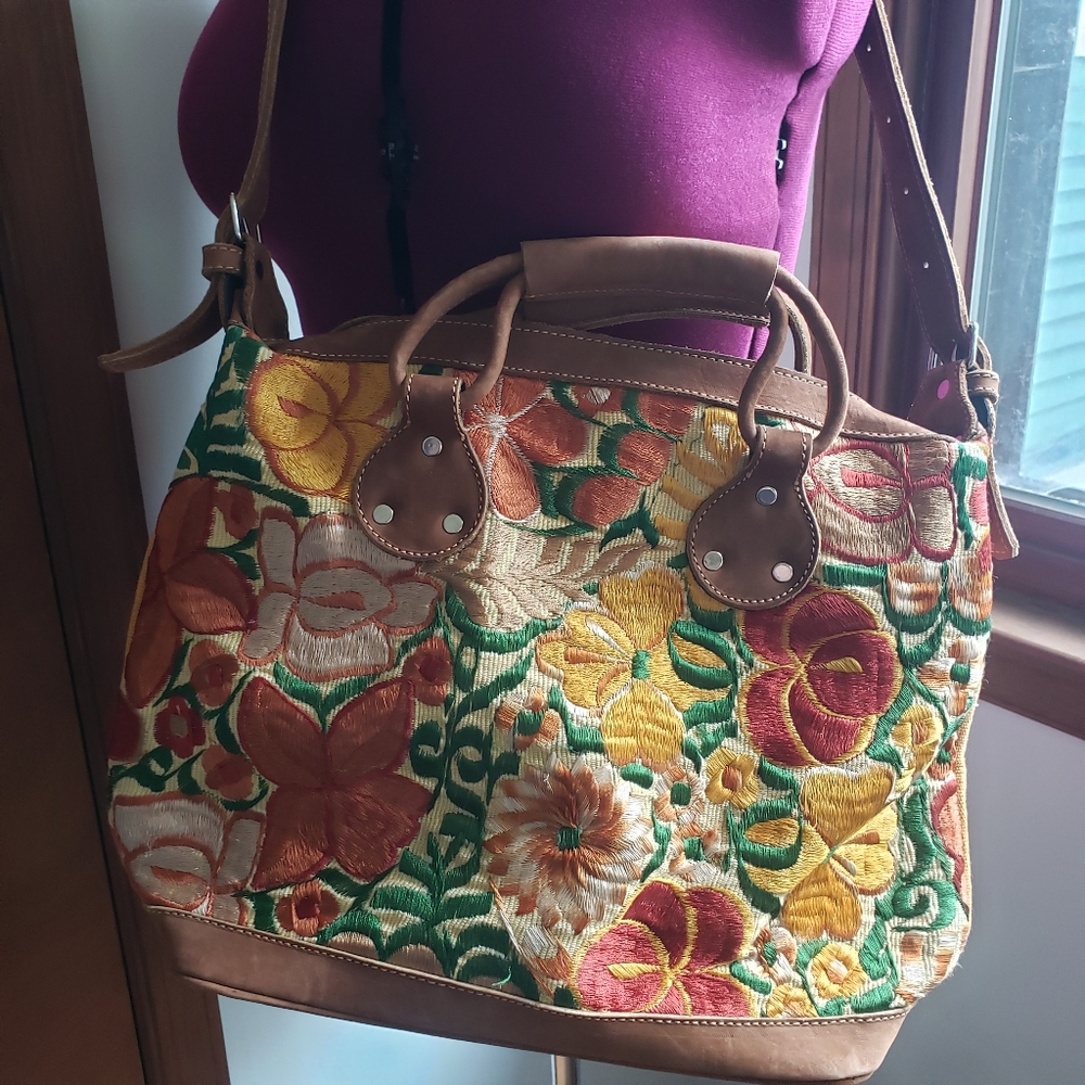 Floral Yellow Tan Orange Green Handmade Embroidered Suitcase Tote